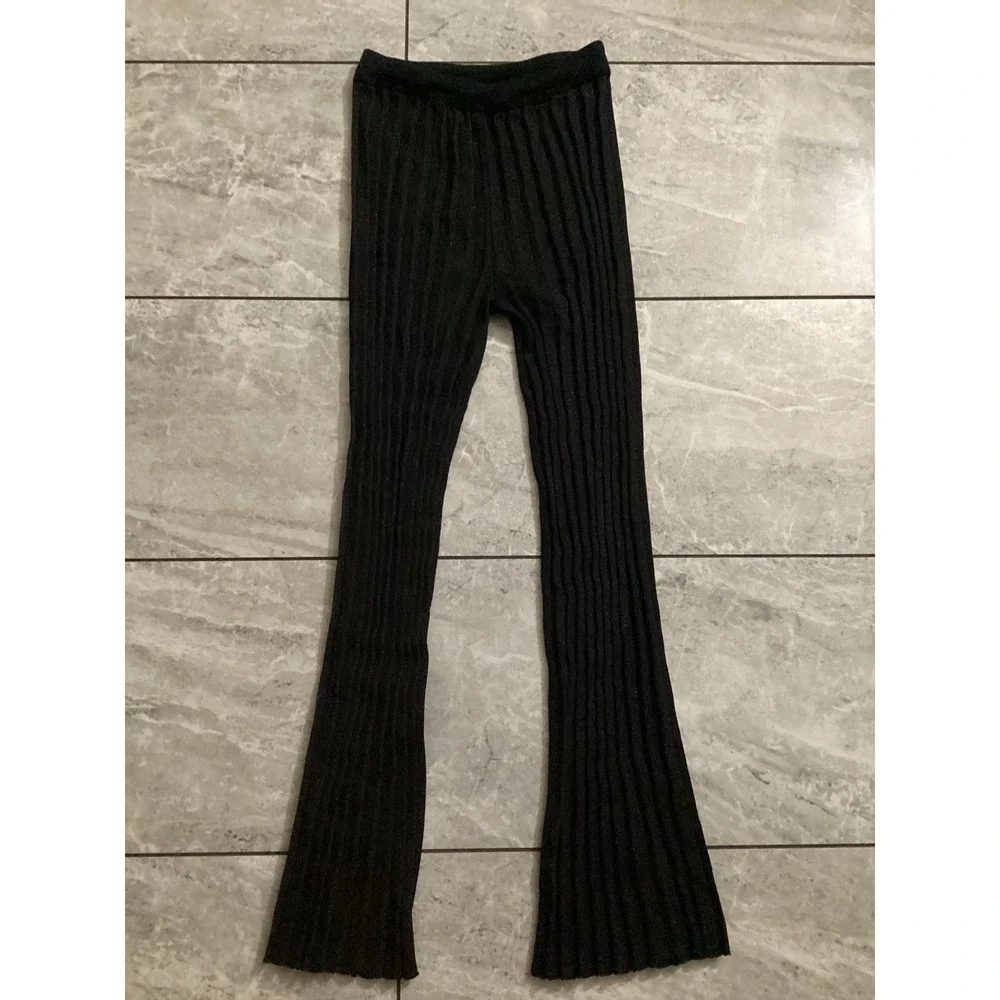 House of Harlow 1960 Black Metallic Ribbed Knit Flare Leg Pants Womens Size M